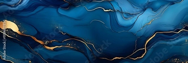 Fototapeta This wallpaper is designed for printing and decoration with a deep blue marble alcohol ink background and gold kintsugi decorations, generative ai