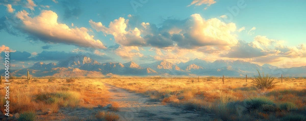 Obraz Arizona desert, cacti and mountains in the background, beautiful sky, vintage, grainy, faded, photorealistic, hyperrealistic, ultra-realistic, cinematic, filmic.