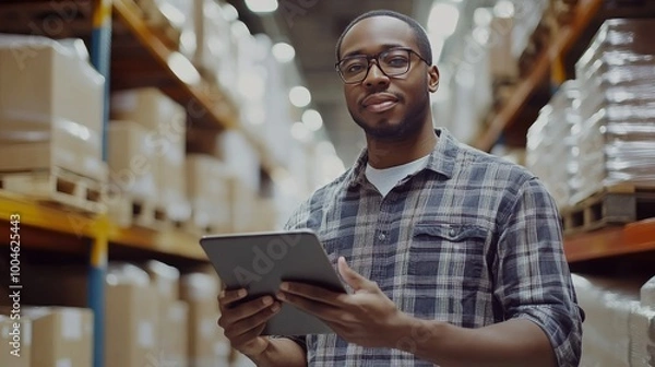 Fototapeta Happy male factory manager using digital tablet in warehouse while standing against goods shelf looking at camera 
