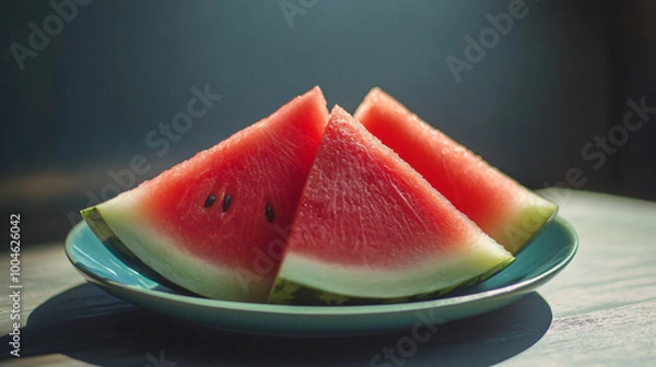 Fototapeta A juicy watermelon sliced into perfect wedges, ready to serve on a hot summer day.