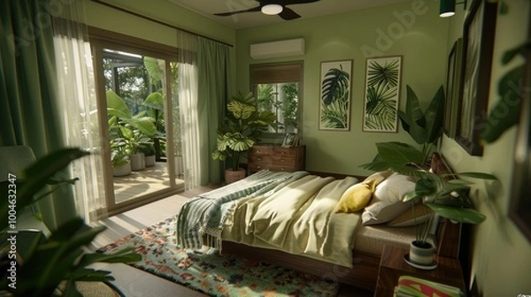 Obraz Modern boho-style bedroom with a wooden bed