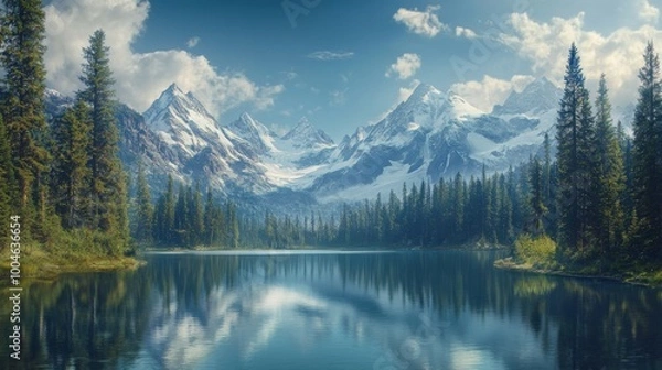 Fototapeta Serene mountain lake surrounded by pine trees with snow-capped peaks in the background.