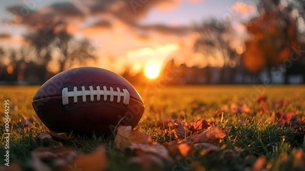 Fototapeta Rugby Ball on Grass Field during Sunset,generative ai