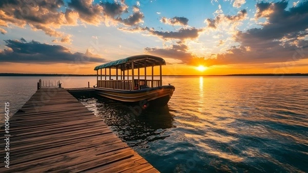 Fototapeta Boat Dock at Sunset with Calm Water and Golden Sky,generative ai