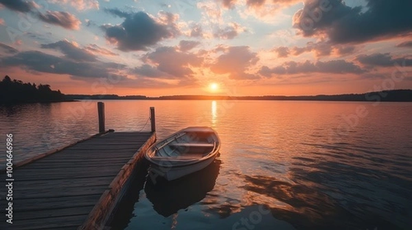 Fototapeta Boat Dock at Sunset with Calm Water and Golden Sky,generative ai