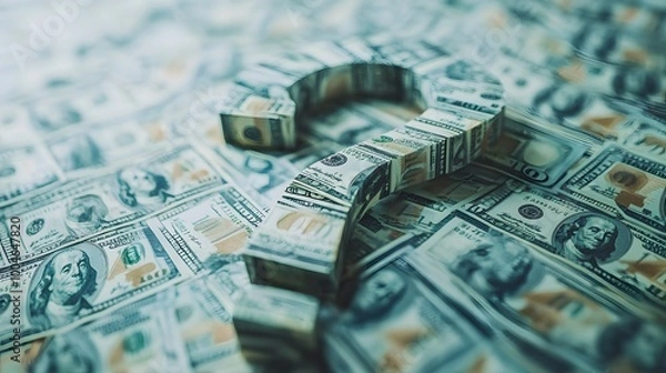 Fototapeta Question Mark Made from Dollar Bills on Wooden Surface,generative ai