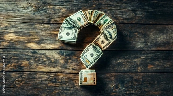 Fototapeta Question Mark Made from Dollar Bills on Wooden Surface,generative ai