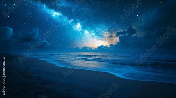 Obraz Sleeping under the stars on the beach, with the Milky Way shining bright above.