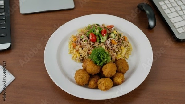 Fototapeta Plate of food on the desktop in the office