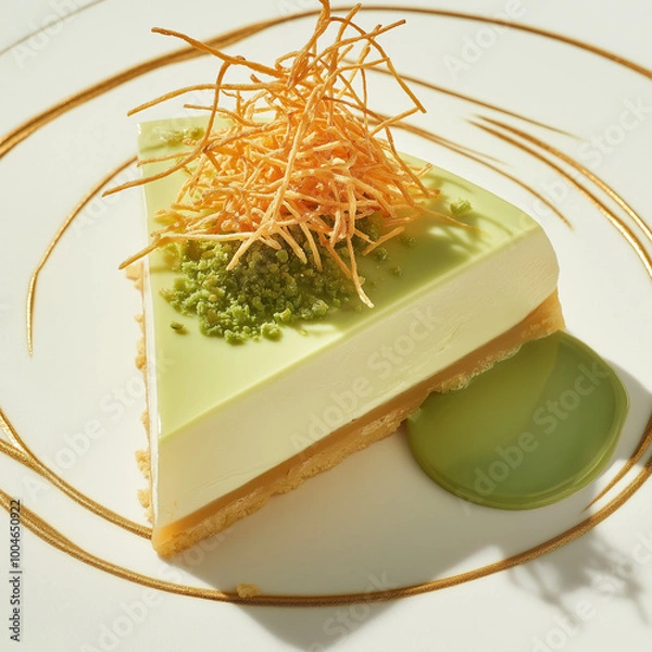 Obraz Cheesecake Slice with Pistachio Sauce and Kataifi Topping