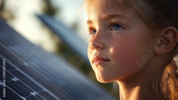 Fototapeta Portrait of a hopeful for the future girl kid letting see a solar panel for green energy and CO2 emission reduction