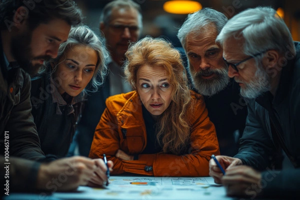 Fototapeta A diverse group of businesspeople gathered around an office floor, brainstorming ideas on paper and digital devices in the style of documentary photography.