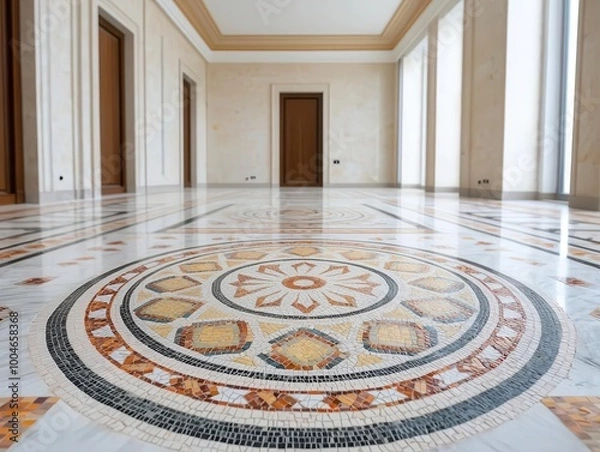 Fototapeta Hotel lobby under construction with intricate mosaic floor, artistic detail, hotel under construction, artistic luxury