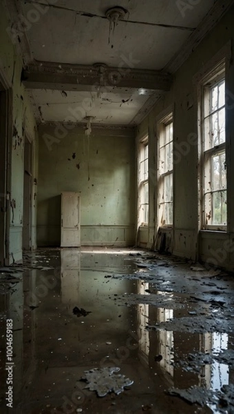 Fototapeta Flooded room in an abandoned building with peeling paint.
