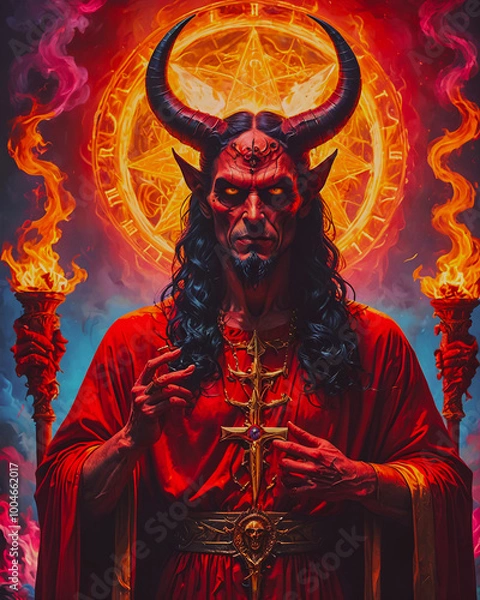 Fototapeta Portrait of a demon with horns and a sword in his hands.