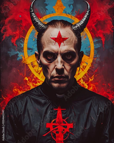 Fototapeta Portrait of a scary devil with horns on a dark background. Halloween.