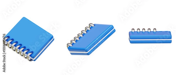 Obraz Render of a blue notepad or notebook on a metal spring from different angles. 3D render