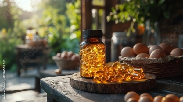 Fototapeta vitamin D and omega-3 supplements with natural sources like fish and eggs promoting a healthy diet immune system support and balanced nutrition