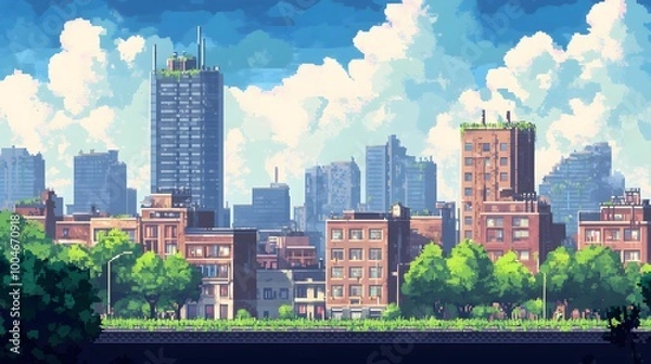Fototapeta cartoon pixel art cityscape game background.generative ai