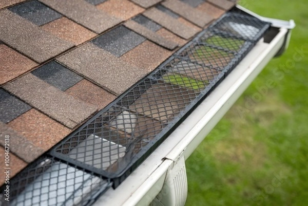 Fototapeta Clean roof gutter with installed mesh guard on a residential home.