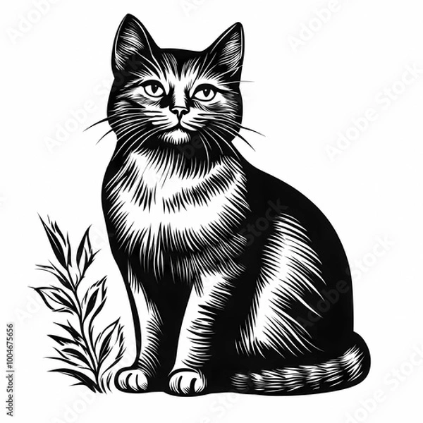 Fototapeta Coloring page with a cat, black and white outline. A great opportunity for children to show their imagination and artistic skills.