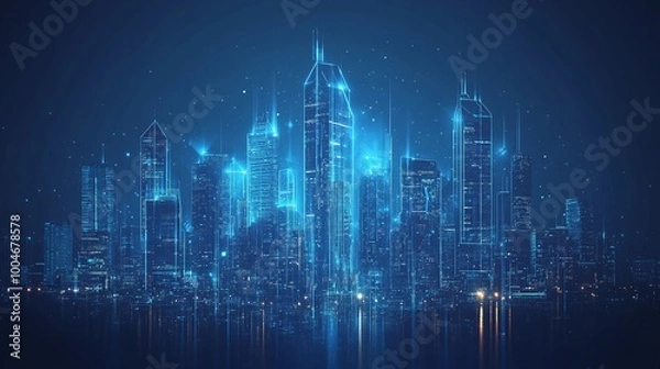 Fototapeta smart city with intelligent infrastructure and connected buildings featuring IoT 5G and AI integration on a dark blue background showcasing futuristic cityscape and innovation
