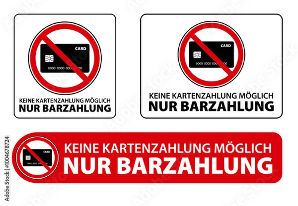 Fototapeta Durchgestrichenes Bankkarten oder Kreditkarten Symbol mit Text nur Barzahlung. Verschiedene Vektor Illustrationen
