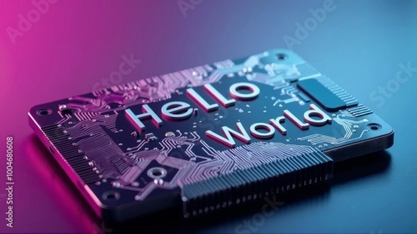 Obraz Motherboard Circuits Displaying 'HELLO WORLD', Programming and Coding Concepts