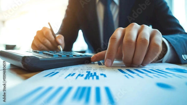 Fototapeta Diligent businessman meticulously examining financial records at a tidy desk in the office, fully immersed in analyzing finance and accounting data, charts, and graphs