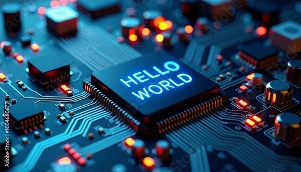 Obraz Motherboard Circuits Displaying 'HELLO WORLD', Programming and Coding Concepts