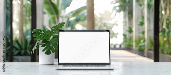 Fototapeta High resolution, very detailed mockup of an open laptop with a blank white screen sitting on a modern office desk, with a bokeh background of a glass door and window with blurred green plants