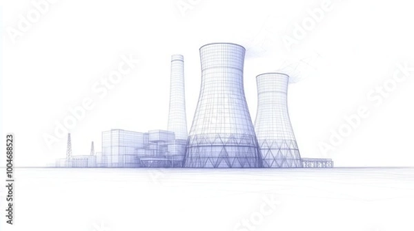 Fototapeta A wireframe illustration of a power plant with cooling towers and industrial structures.