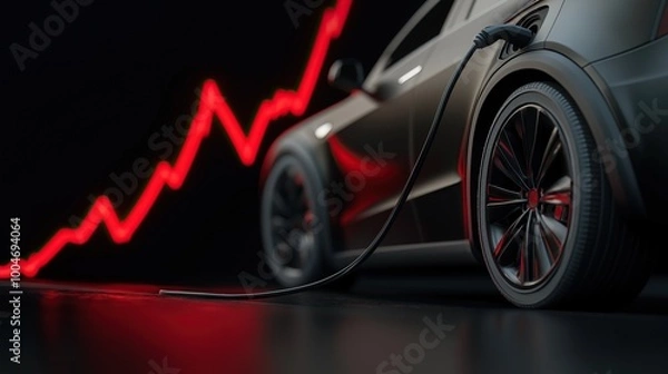 Fototapeta Modern electric car is charging against the backdrop of a red neon graph indicating rising energy prices