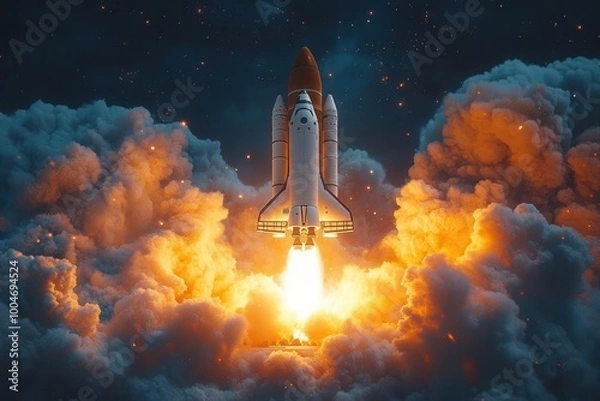 Fototapeta a dynamic rocket blasts out of a laptop screen against a striking blue backdrop symbolizing innovation and creativity the empty text space invites personalization fueling imagination