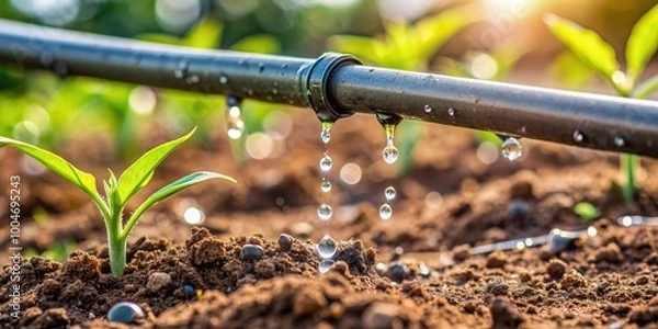Obraz A close-up view of a drip irrigation system, showing water droplets falling from a rubber tube onto the soil.