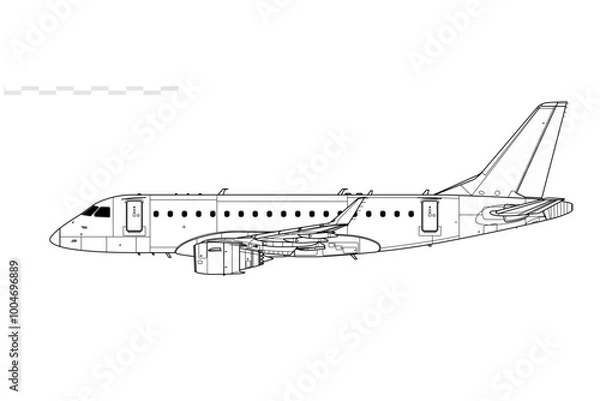 Fototapeta Embraer E-170. Vector drawing of regional passenger jet airliner. Side view. Image for illustration and infographics.