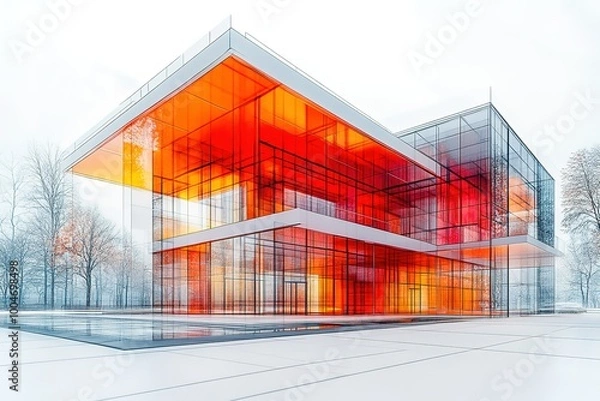 Fototapeta A large building with orange accents and glass windows