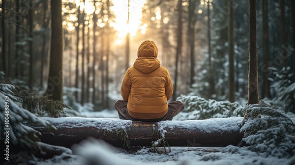 Fototapeta Person sitting alone and looking in the distance conveying a sense of lonelyness, melancholy, uncertainty or serenity