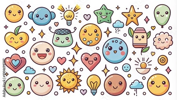 Fototapeta Whimsical hand-drawn doodle icon set featuring cute cartoon emotion effects and decoration symbols in various line movements and element designs for creative projects.