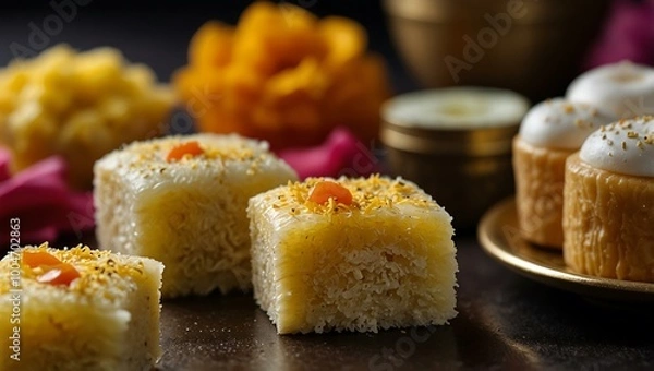 Fototapeta Macro shot of Bhai Dooj sweets showcasing texture and color.