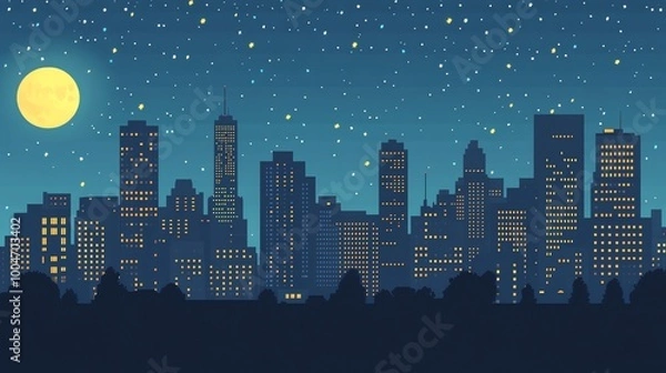 Obraz A cityscape with a large moon and bright stars in the night sky.