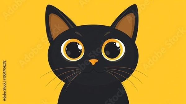 Fototapeta Cute cartoon black cat with big eyes and a friendly expression.