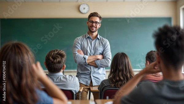 Obraz A smiling male teacher standing in front of his elementary school students. An educational environment. Kids getting an education in their classroom.