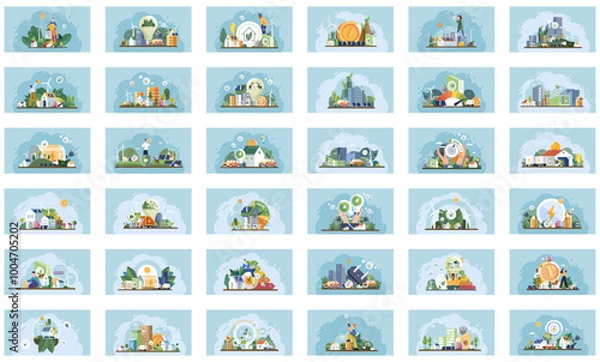 Fototapeta Energy efficiency. Multiple illustrated panels showcasing various aspects of renewable energy, green technologies, and sustainable living practices. Ideal for education, environmental campaigns