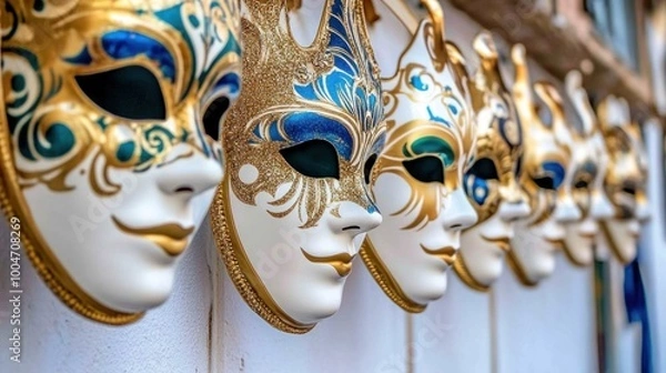 Fototapeta A row of beautifully crafted masks hangs on a wall, featuring elaborate designs and vibrant colors. These masks are typically used in festive celebrations and cultural events