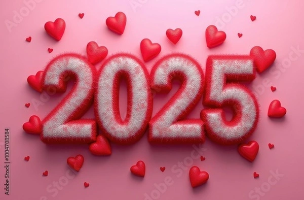 Fototapeta The numbers "2025" on a pink background, with red hearts around them