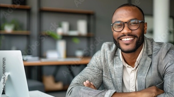 Obraz A confident man with glasses smiles while seated at his desk in a contemporary office. Natural light floods the room, enhancing the modern decor and atmosphere