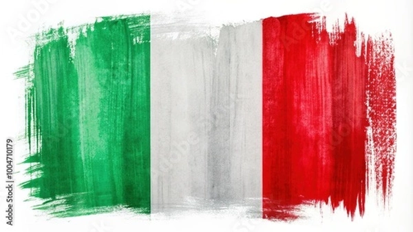 Fototapeta Vibrant national flag of Italy with green, white, and red vertical stripes, artistic curve stain brush stroke effect on a clean white background, symbolic and bold.