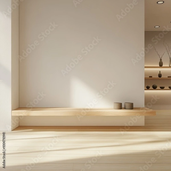 Fototapeta A minimalist wooden display shelf with a smooth finish, isolated in a bright, spacious retail environment with soft lighting