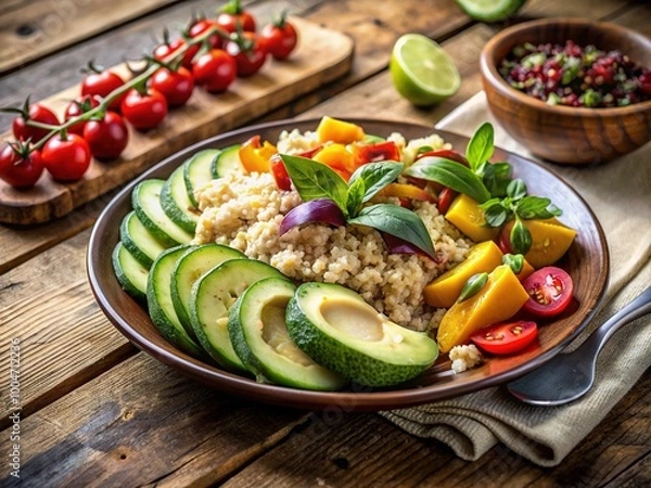 Obraz Freshly prepared vegan meal featuring quinoa salad, roasted vegetables, and avocado slices, artistically arranged on a rustic wooden table with natural background.